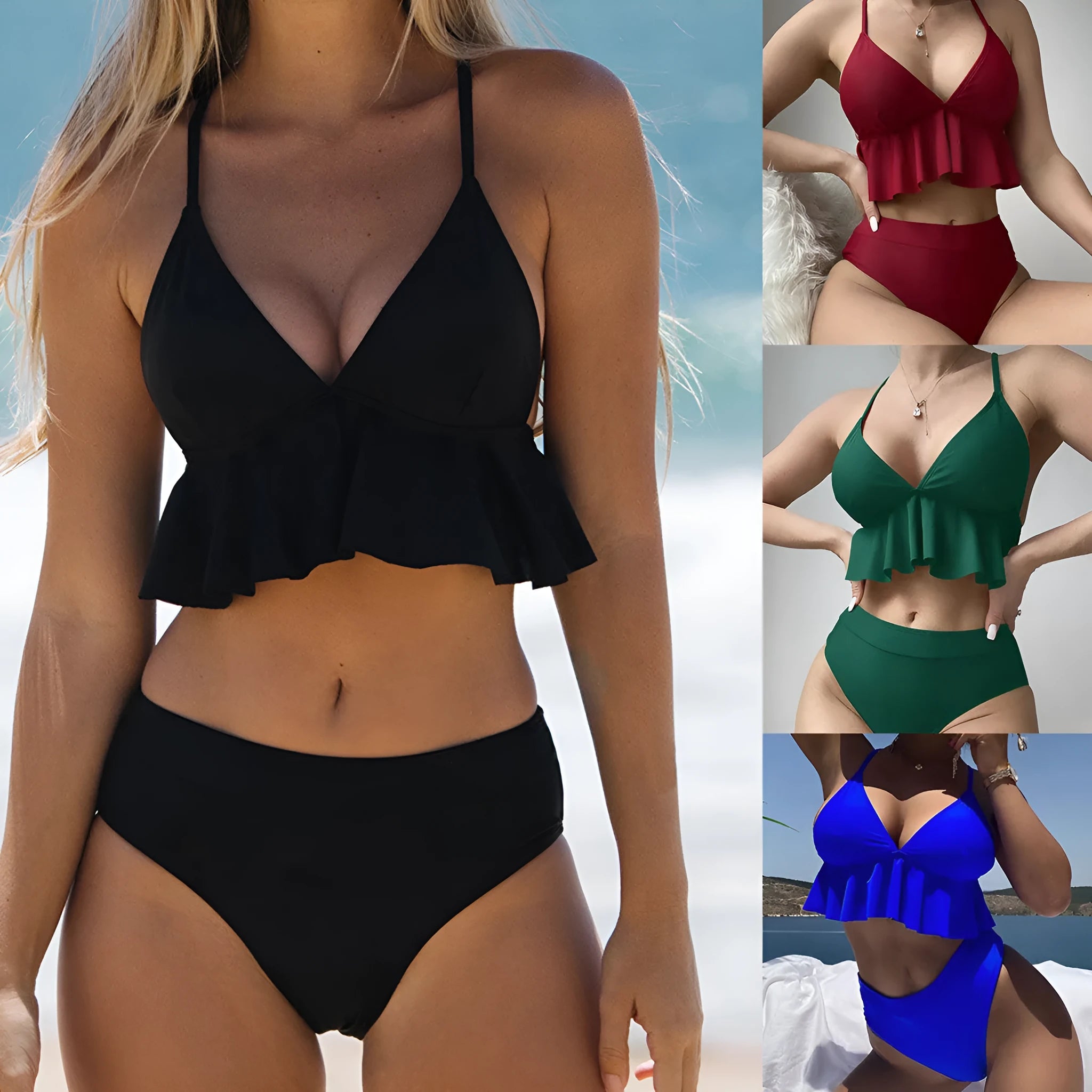 Women's solid colour bikini swimsuit in black, army green, brick red, or blue.