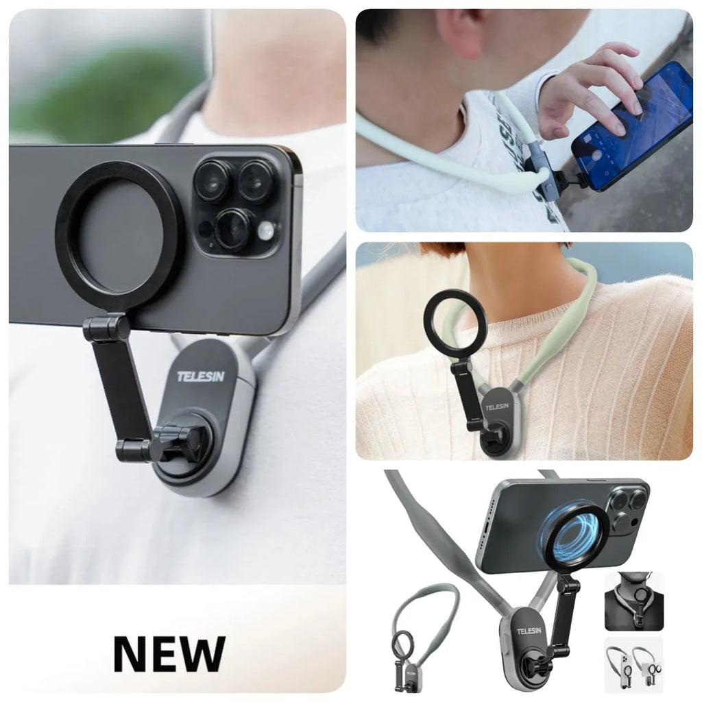 Silicone magnetic phone neck mount with quick release bracket showing gray colour option