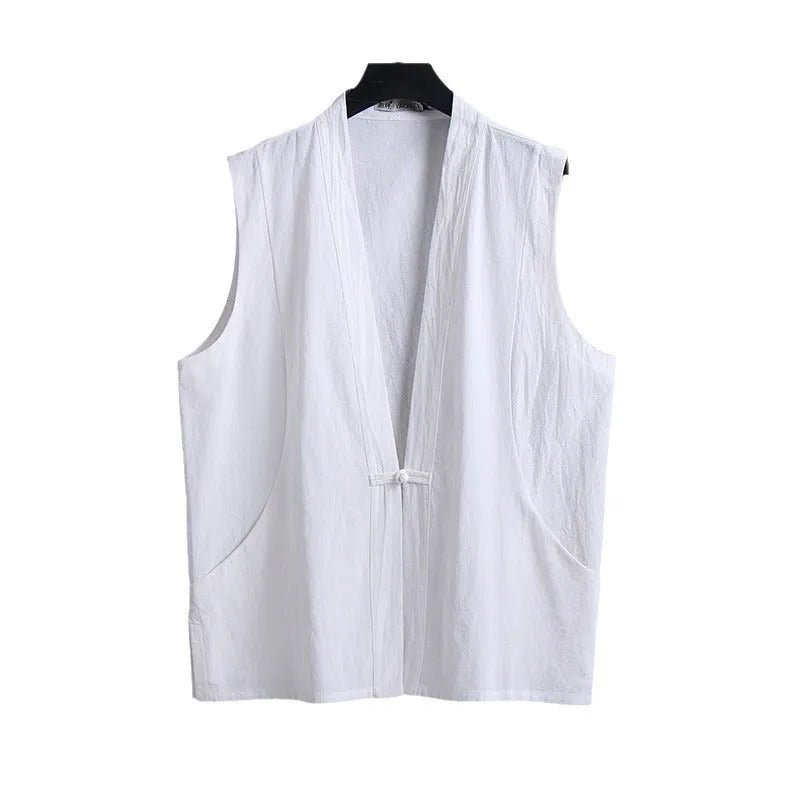 Men's thin linen sleeveless vest in a loose fit, shown in a solid colour.