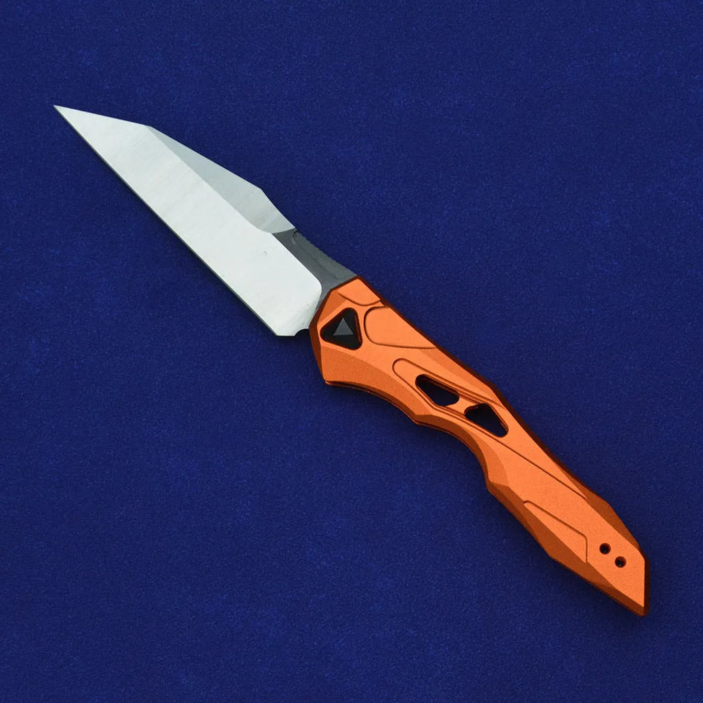 Black folding fruit knife with D2 steel blade and aluminium handle for camping and kitchen use