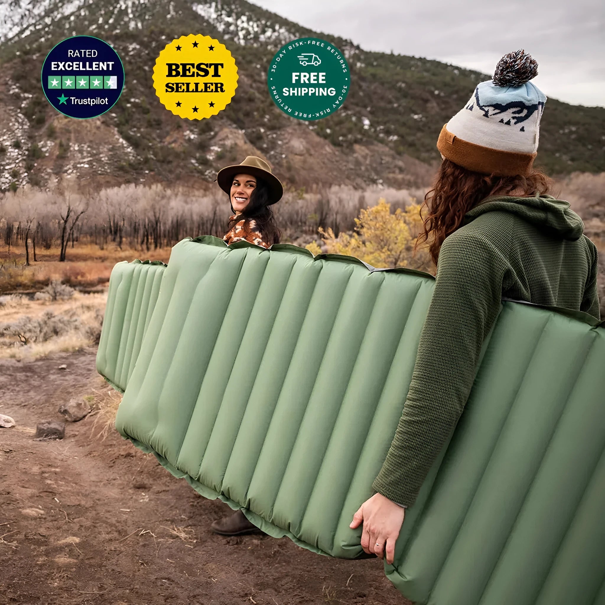 Single inflatable camping air mattress in grey, shown rolled and expanded, with integrated valve.