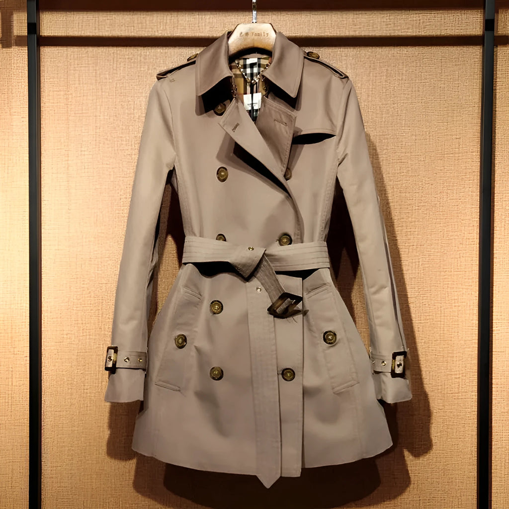 Khaki double-breasted trench coat for women with flight sleeves and button details.