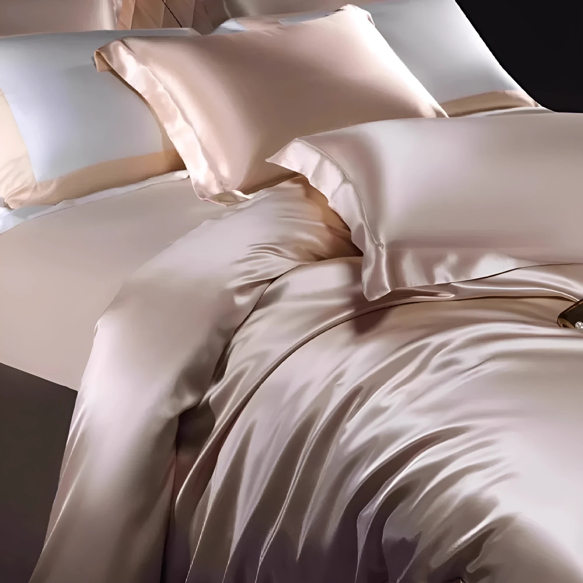 Silk four-piece quilt cover set in a solid light luxury colour, shown on a bed.