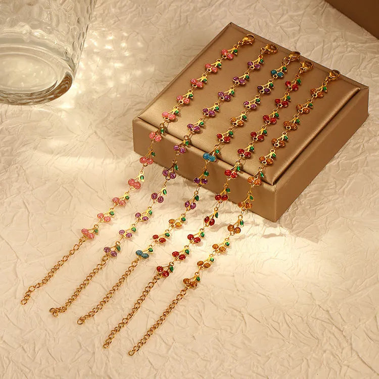 Alloy bracelet and necklace set with hand-painted dripping oil geometric pattern and cherry pendant in colourful finish