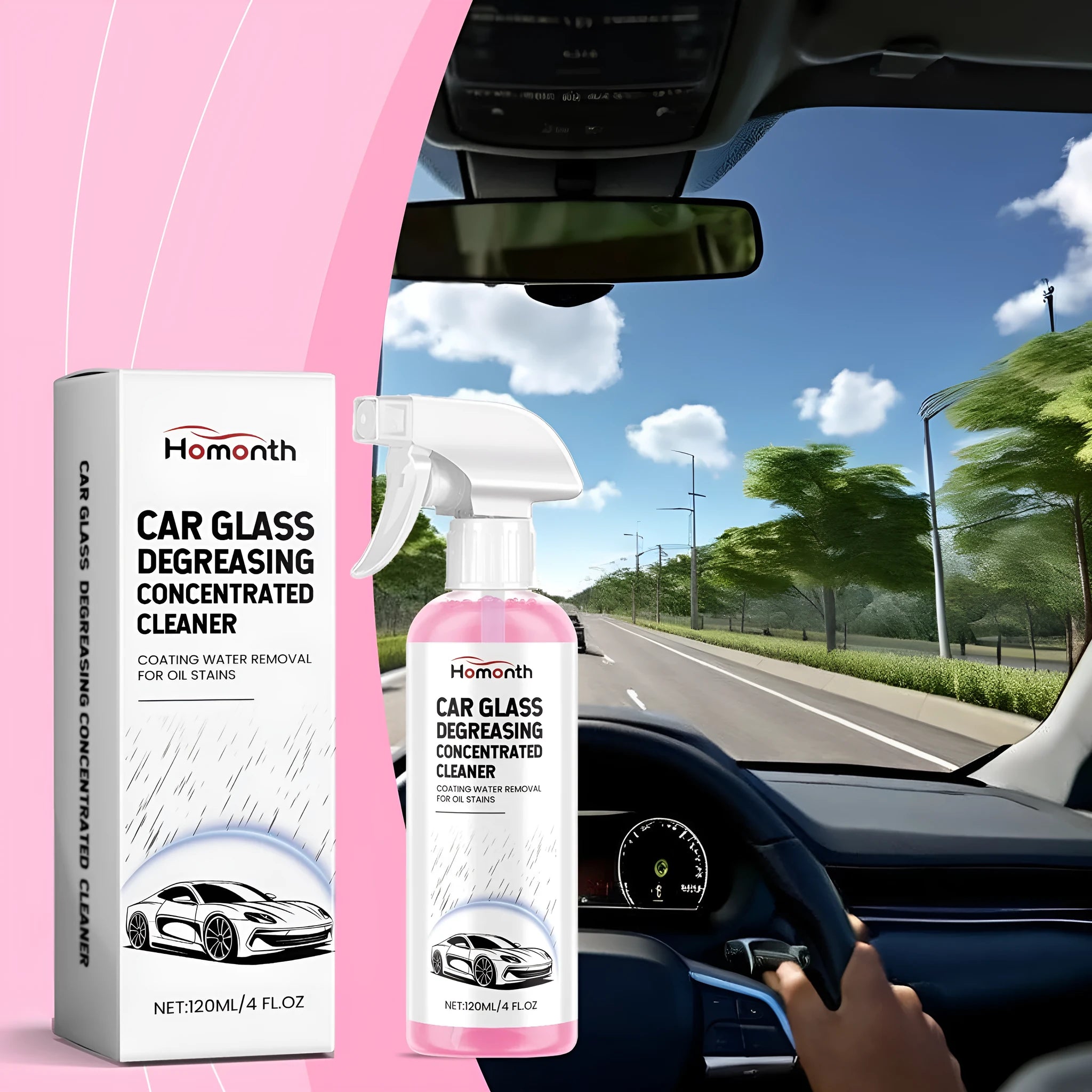 Car glass cleaner 120ml bottle with surfactant, penetrant, and preservative ingredients, 4.3x19.8cm size for auto glass