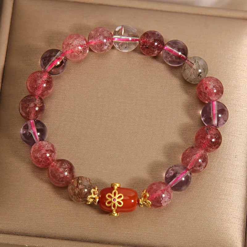 Natural Super Seven Crystal bracelet for women showing White Crystal and Red Agate in a cartoon style.