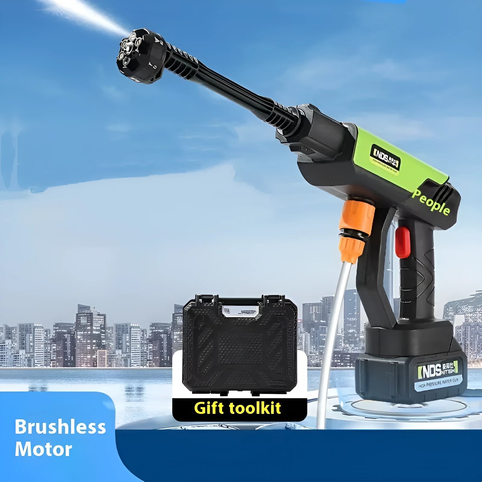 Wireless high-pressure water gun with green overpressure handle and multiple spray nozzle attachments