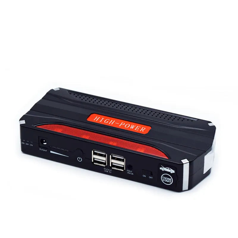 Black and red emergency vehicle jump starter power supply unit showing compact dimensions
