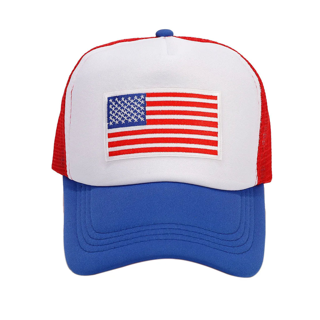 Red and blue contrasting breathable mesh baseball cap with adjustable strap on a dome crown.