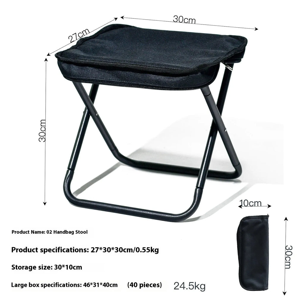 A foldable camp stool made from oxford cloth, shown in a khaki colour, folded into its compact pencil box shape.