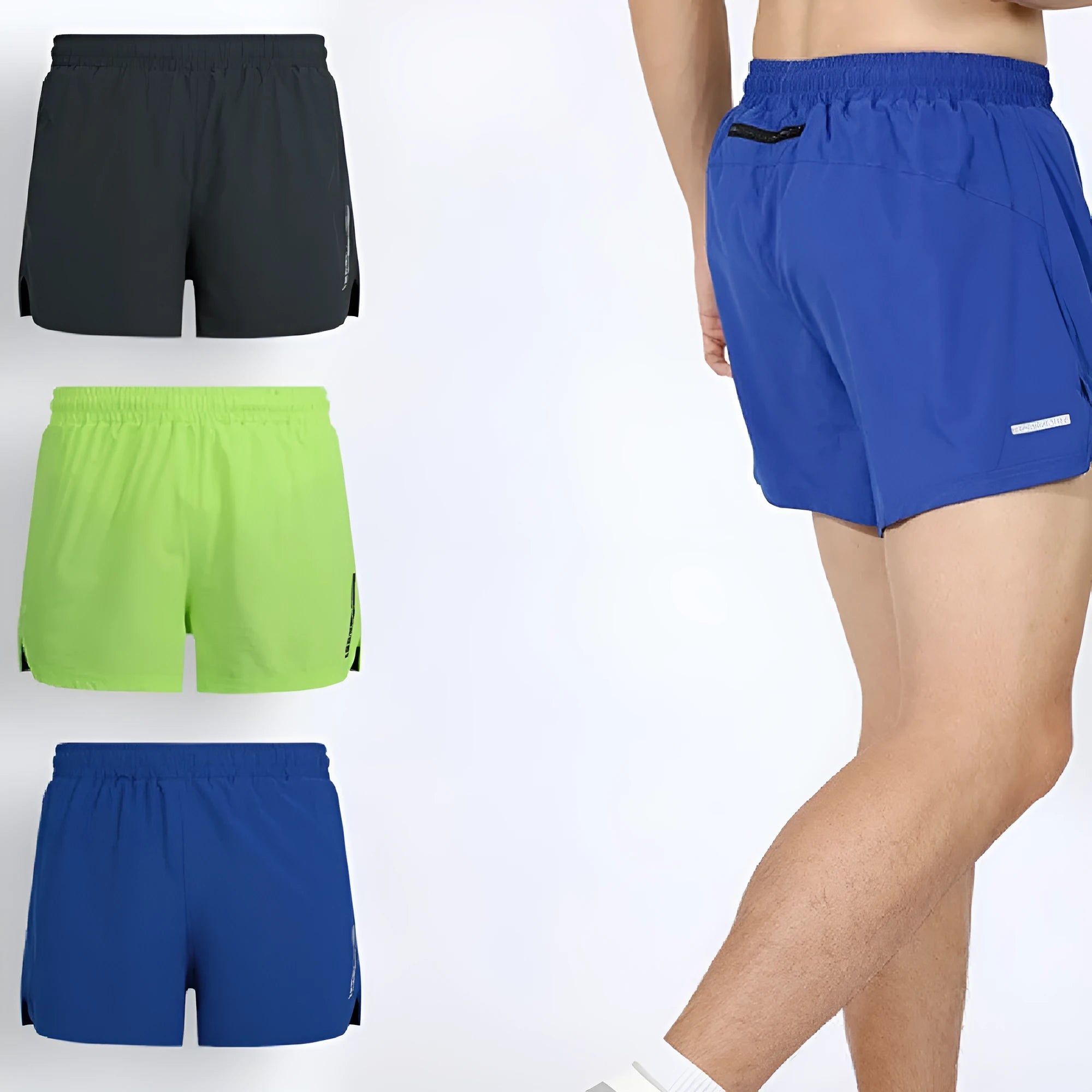 Casual grey quick-drying polyester running shorts for men and women on a size chart.
