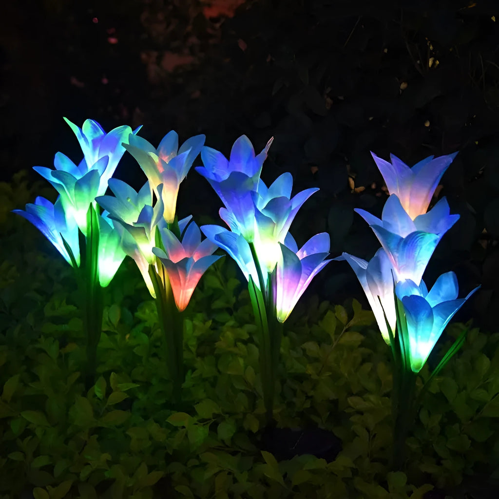 Solar-powered flower-shaped garden light with LED colour changing bulbs