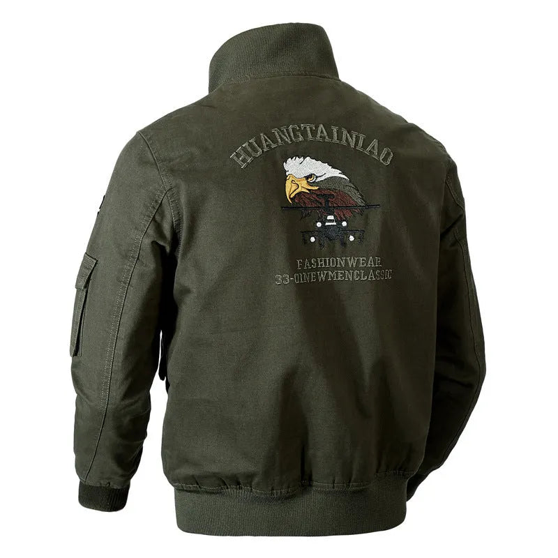 Men's loose military jacket in khaki, printed polyester fibre, front view