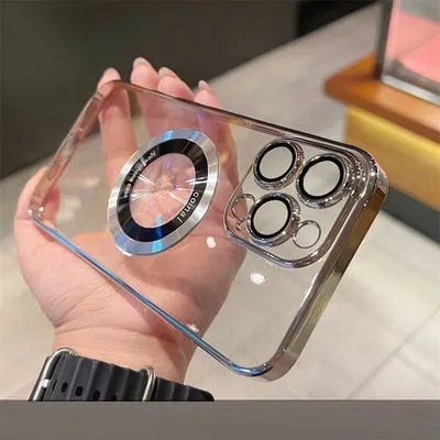 Magnetic suction PC phone case for iPhone 11–14 in blue with magnetic closure and magnifier leakage label