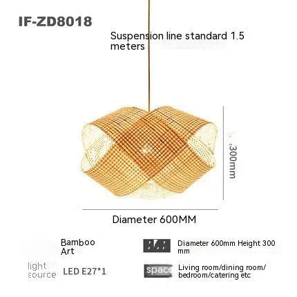 Bamboo woven rattan ceiling lamp with adjustable height mechanism in New Chinese style