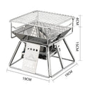 Silver portable folding stainless steel BBQ grill with adjustable height grilling net and carrying case for camping