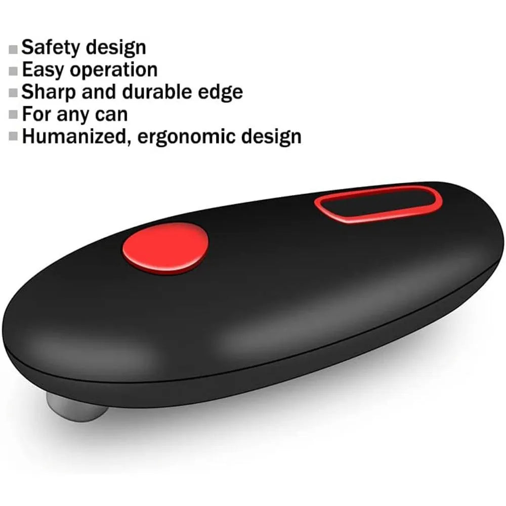 Black electric can opener with compact plastic design and battery compartment