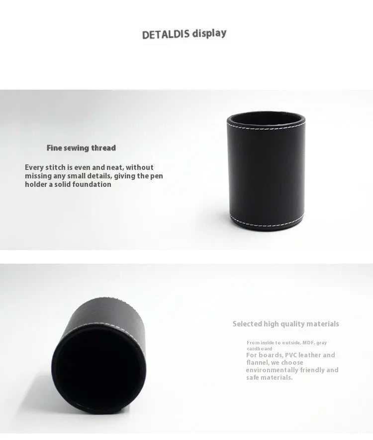 Black leather round pen container showing cylindrical shape for desk organisation