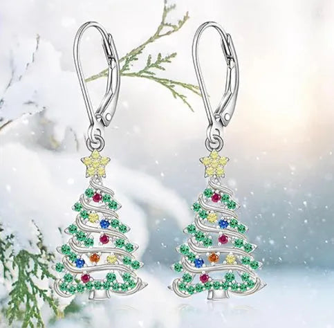 Women's copper Christmas tree earrings with white gold colour finish and star-shaped pendant design
