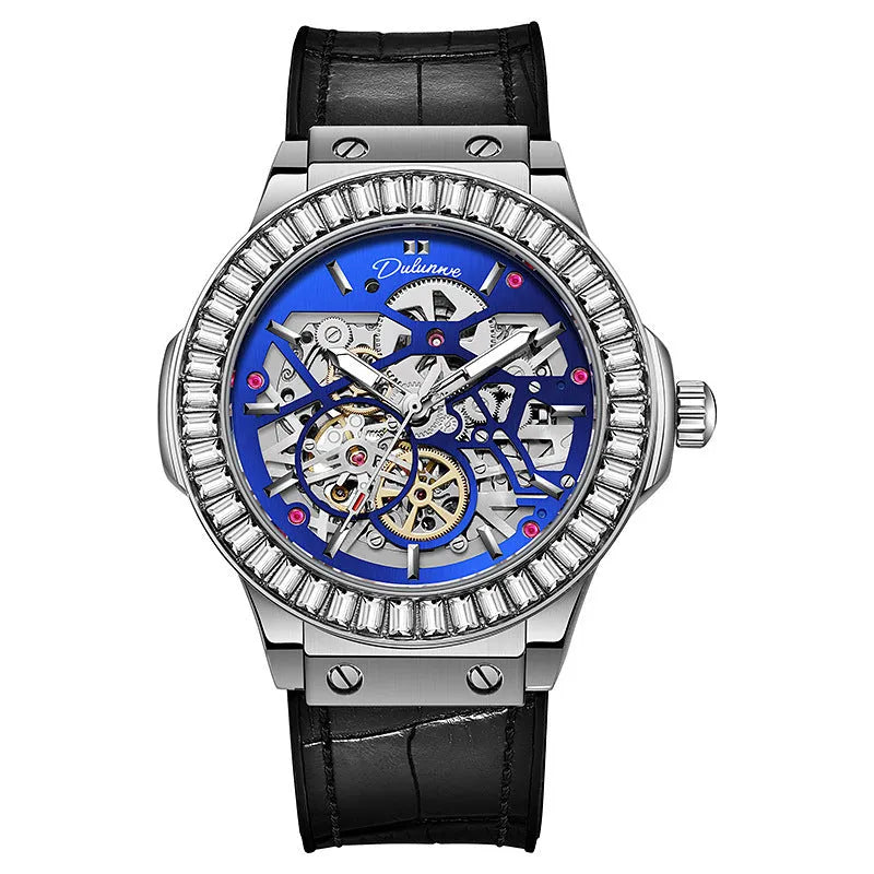 Men's automatic mechanical watch with hollow movement, diamond studs, and white shell case.