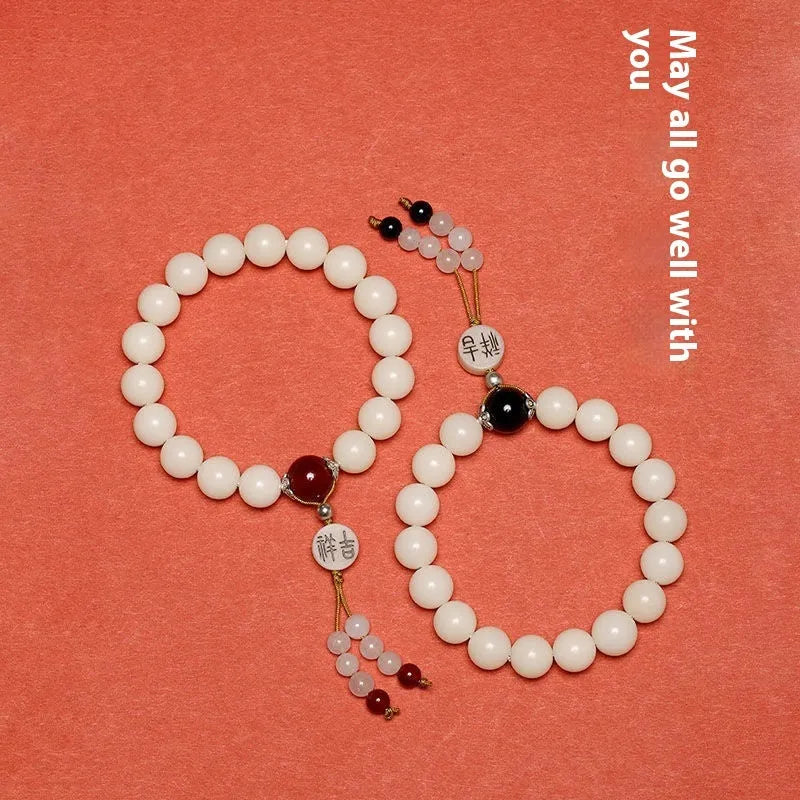 Handcrafted white jade Bodhi couple bracelet with 10mm beads and Ruyi element