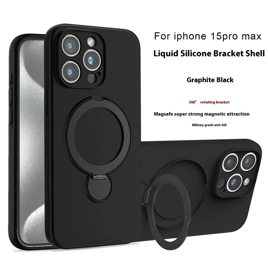 Liquid silicone magnetic bracket phone case for iPhone 13 to 16 series in Graphite Black