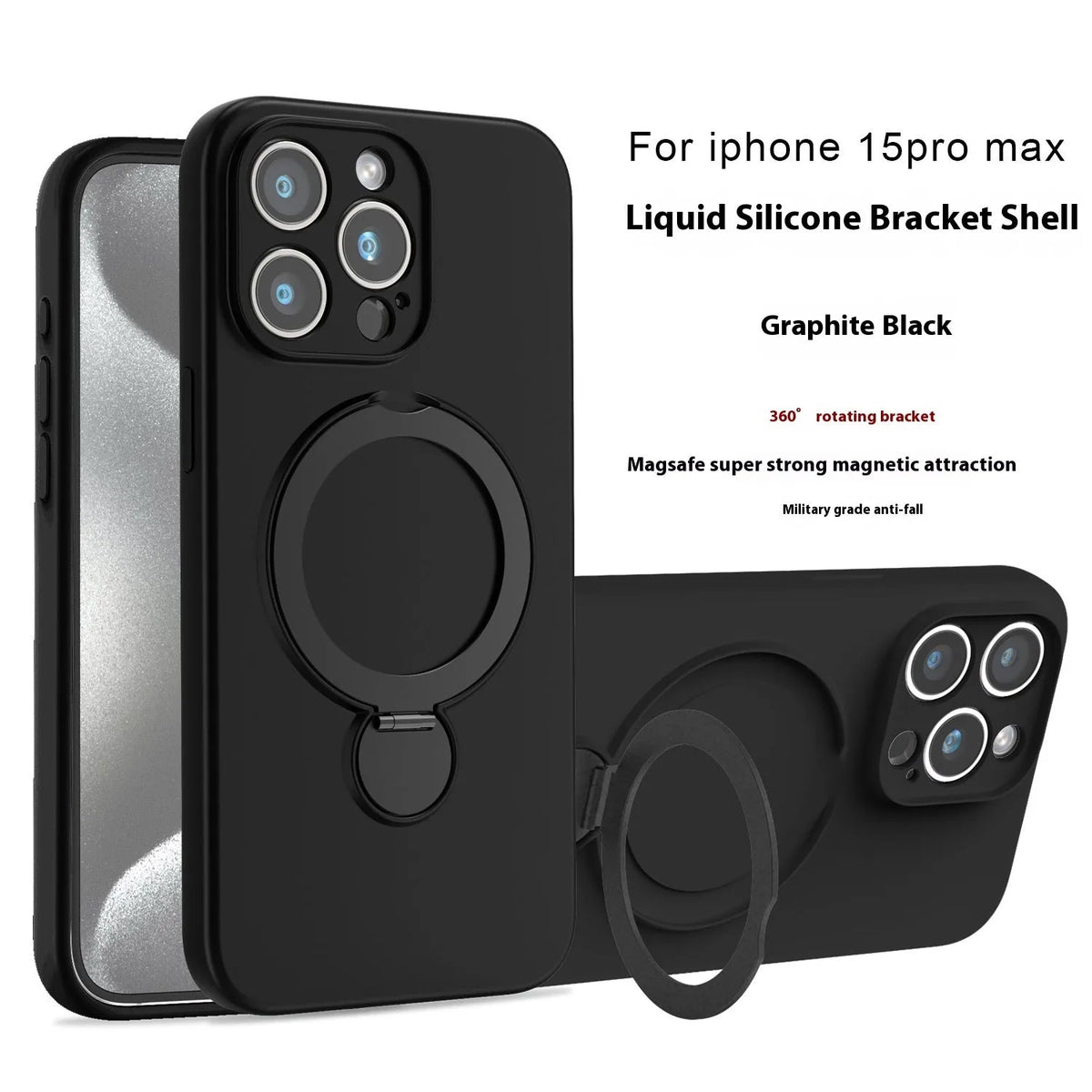 Liquid silicone magnetic bracket phone case for iPhone 13 to 16 series in Graphite Black