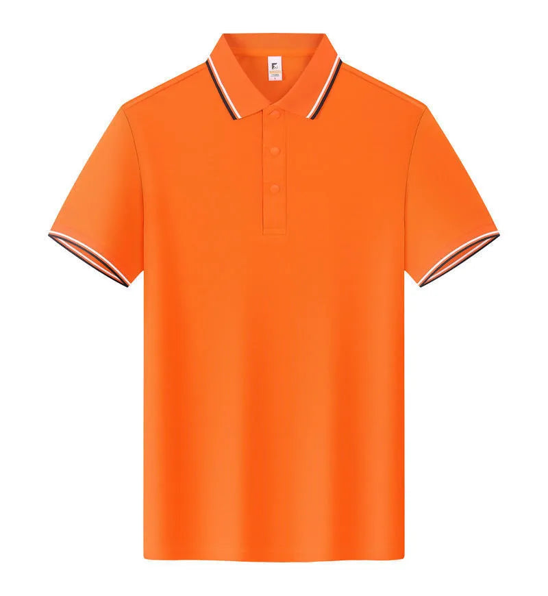 A straight-cut lapel style short sleeve T-shirt on a hanger, shown in multiple solid colour options.