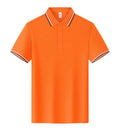 A straight-cut lapel style short sleeve T-shirt on a hanger, shown in multiple solid colour options.