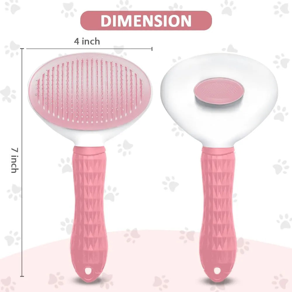 Blue, grey, and pink cat grooming brush with a release button for removing pet hair.