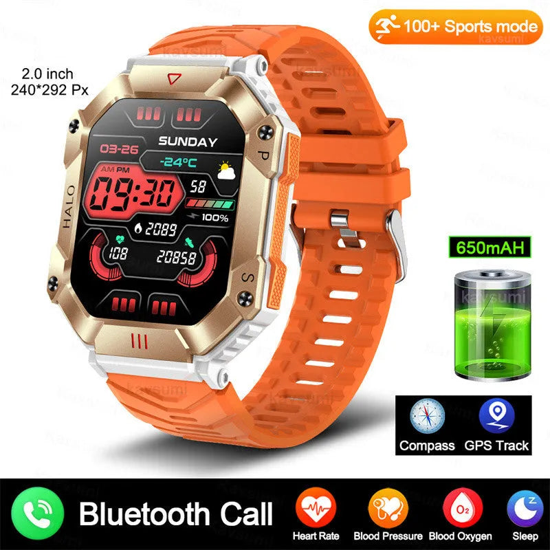 Android GPS smart watch with Bluetooth call on wrist, showing resin dial and titanium alloy case with optional leather strap.