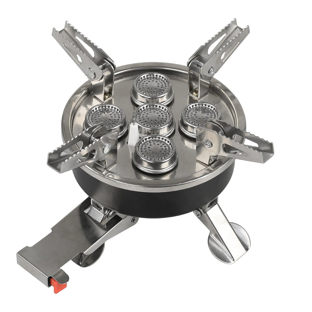 Silver portable split camping stove with stainless steel body and a long black flexible hose.