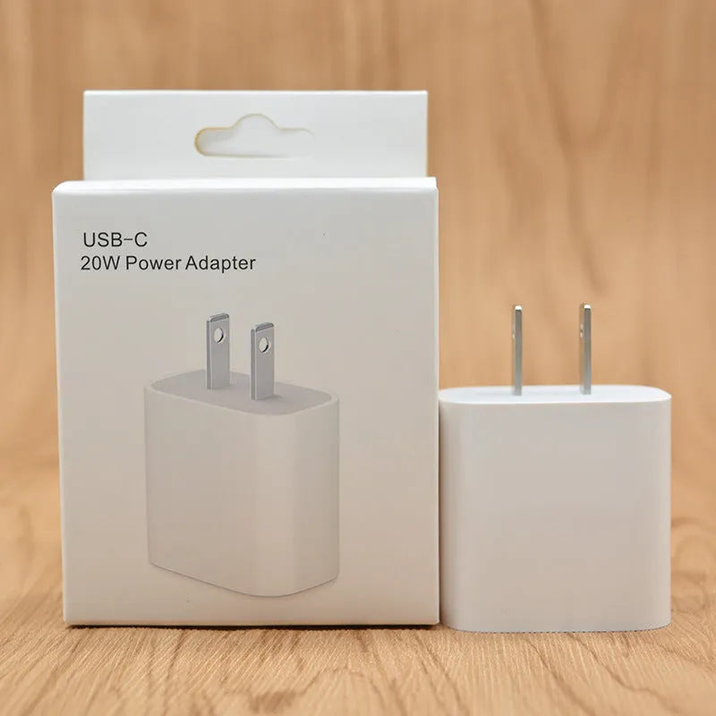 White 20W mobile PD charger with Type-C interface showing international plug compatibility