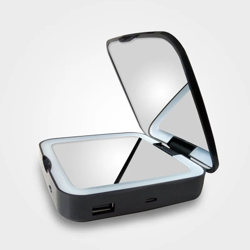 Makeup mirror with dual reflection surfaces and adjustable lighting in black or white colour options