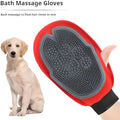 Red pet bathing glove with integrated grooming brush for dog and cat hair removal during bath time