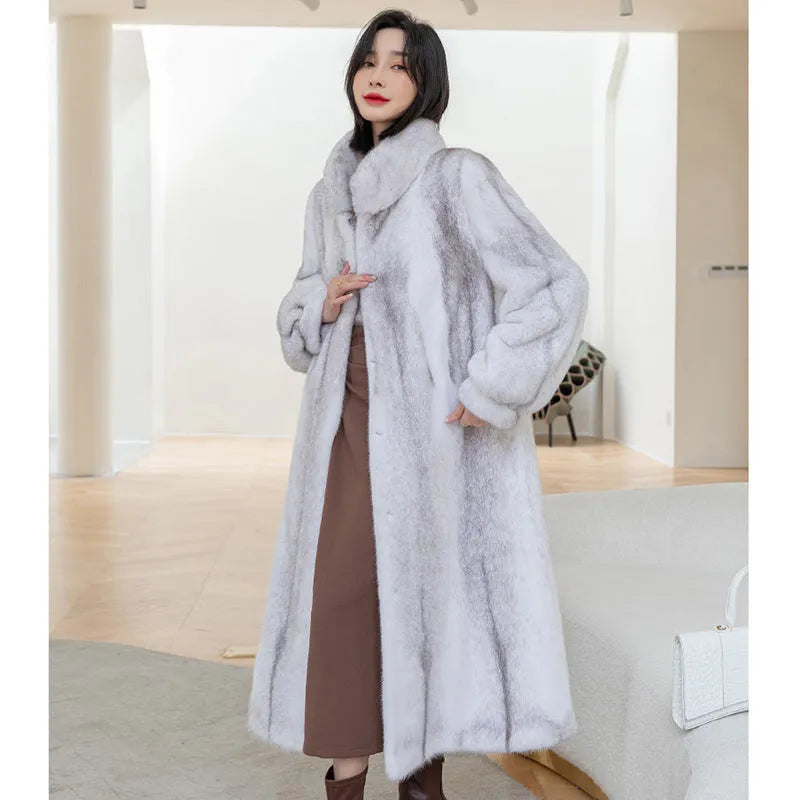White women's artificial fur coat with stand-up collar, regular sleeves and 80cm length