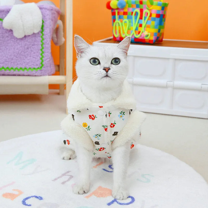 Pet cat clothes autumn winter broken card printing fabric cotton velvet casual style pink white sizes XS to XL