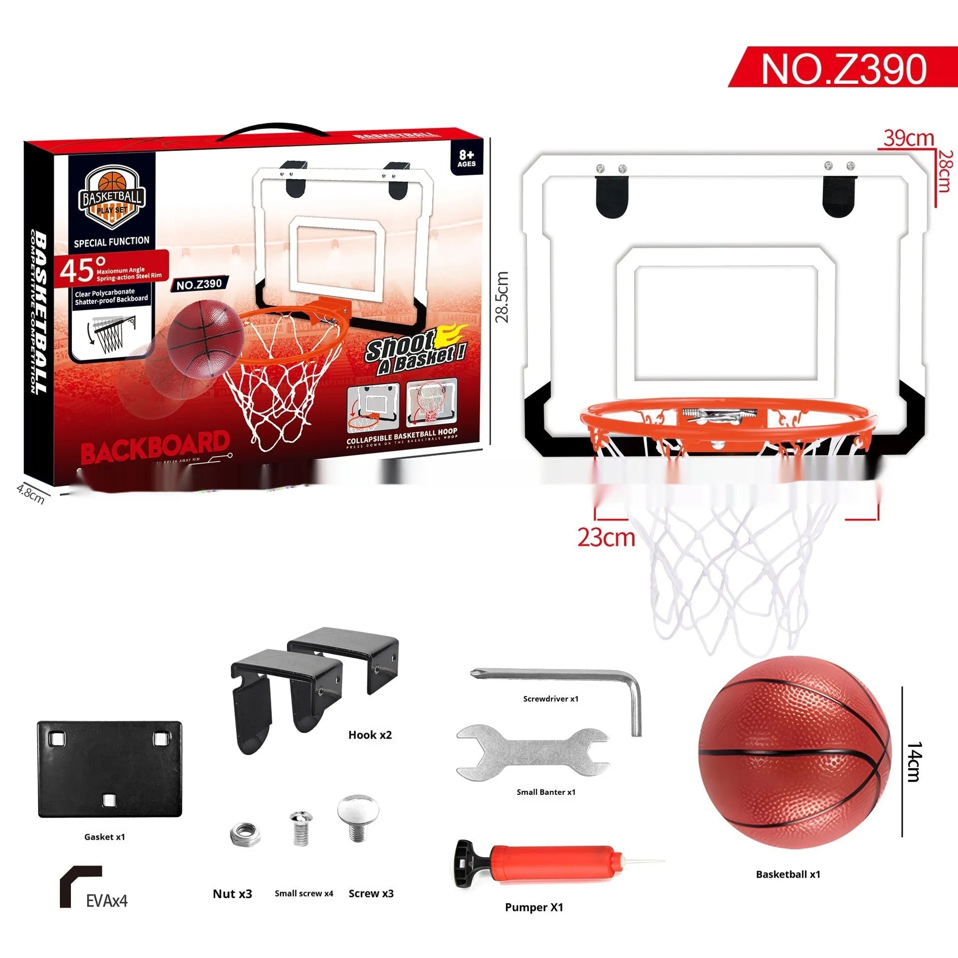 Red and blue folding basketball frame with suction cups and iron hook for dunking or ball storage.