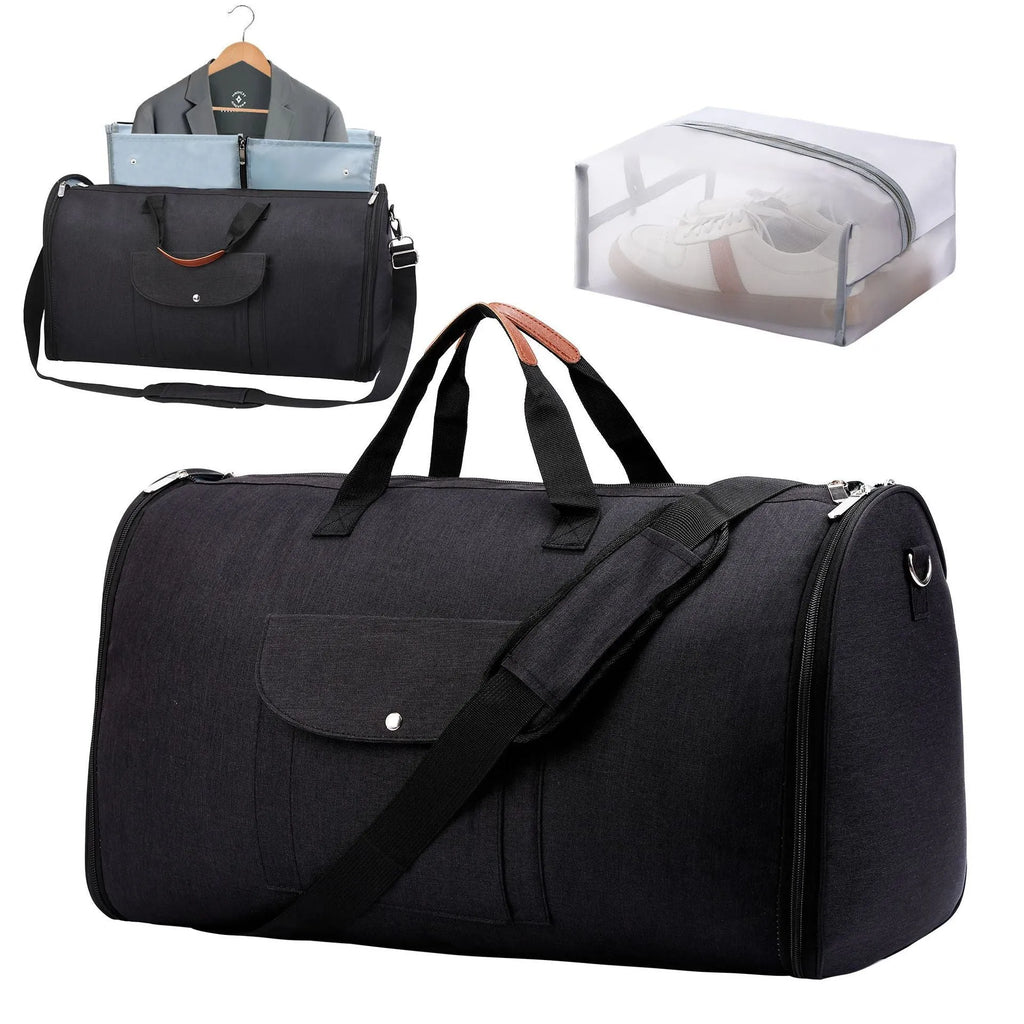Folding travel duffel bag in dark blue with Oxford cloth construction and 36-55L capacity