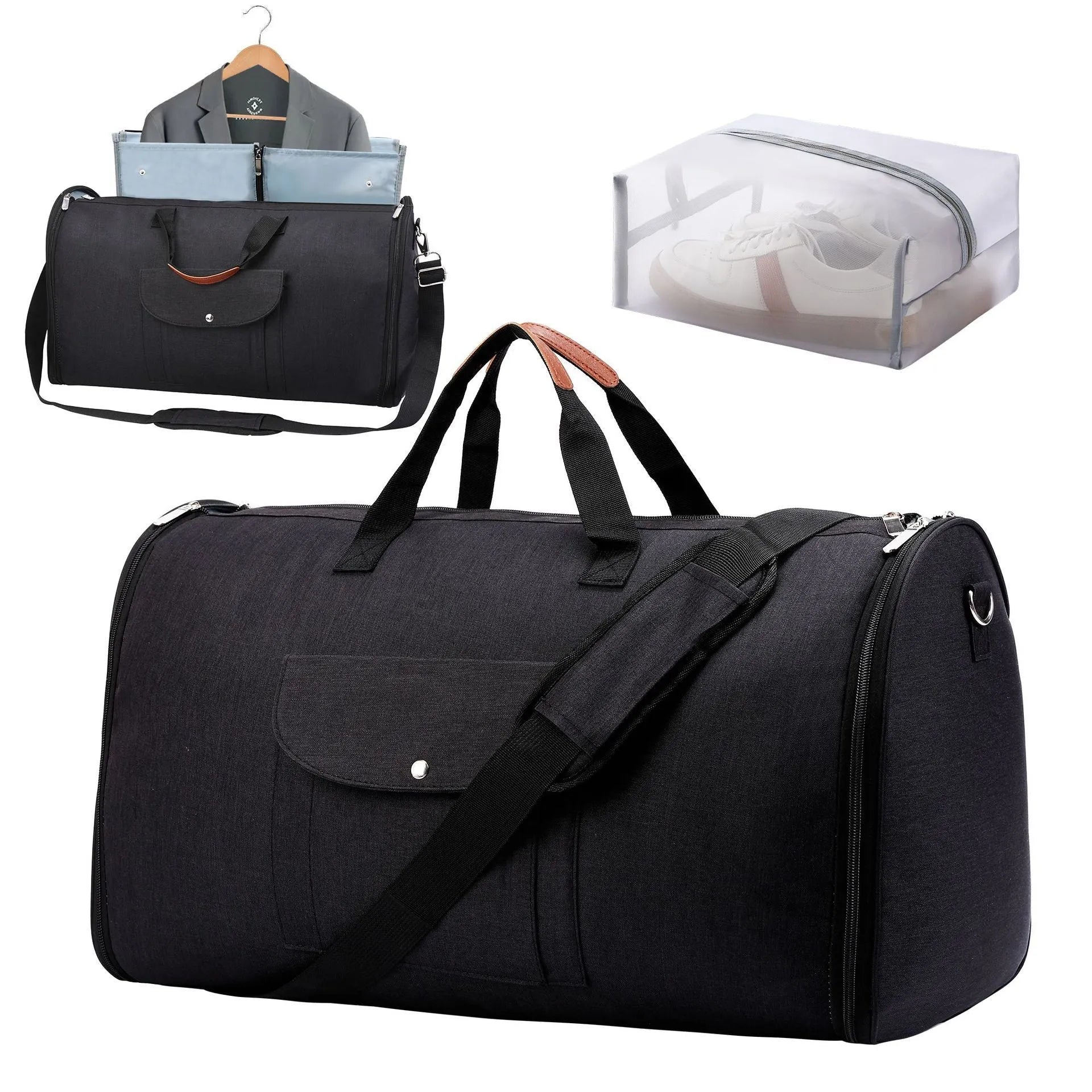 Folding travel duffel bag in dark blue with Oxford cloth construction and 36-55L capacity