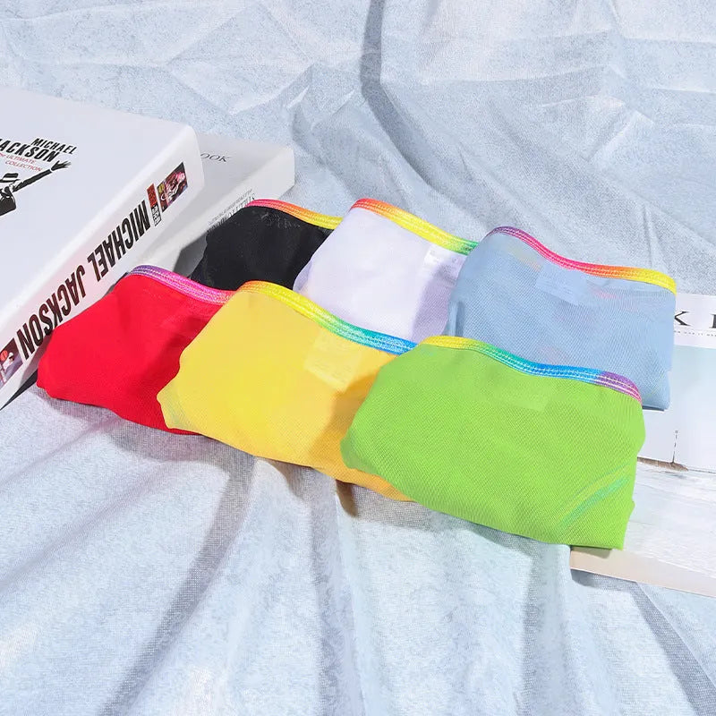 Mesh nylon briefs in six colours showing transparent knitted fabric and briefs style