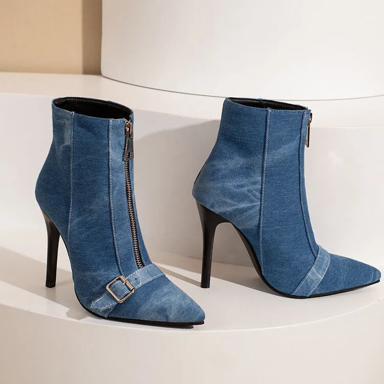 Women's belt buckle front zipper high heel boots in black artificial PU with low tube shaft