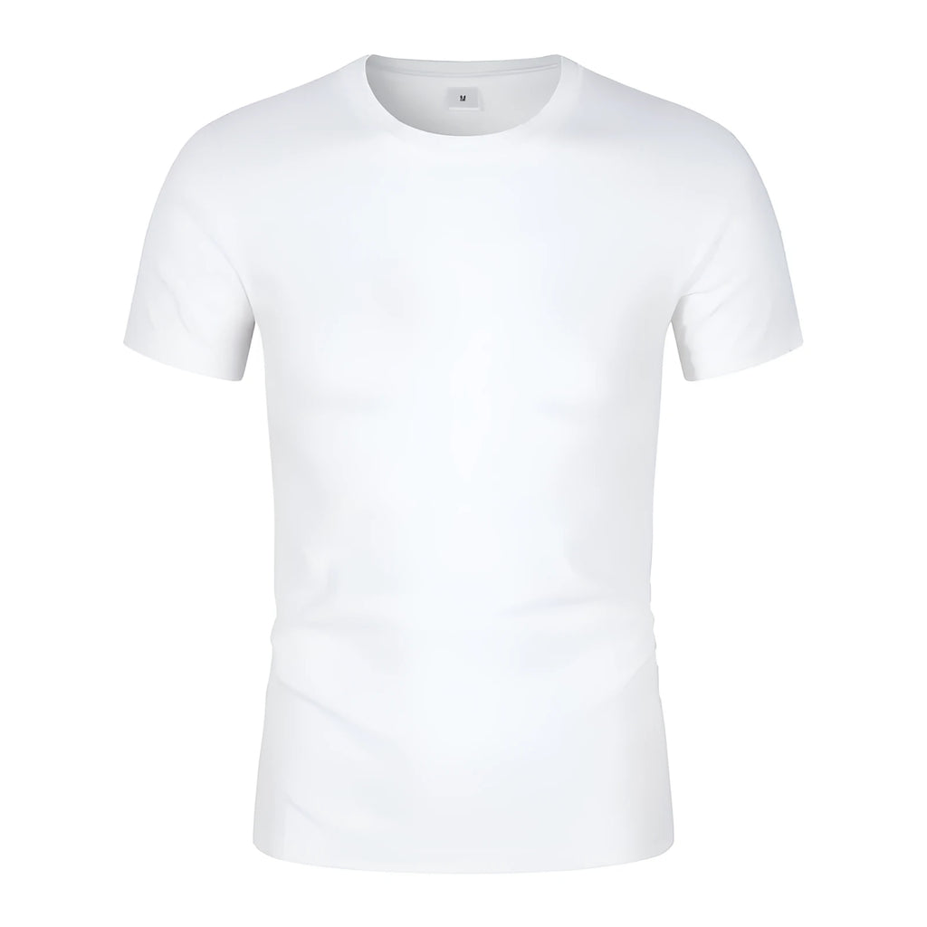 Men's solid colour short sleeve cotton t-shirt on a hanger in white and black.