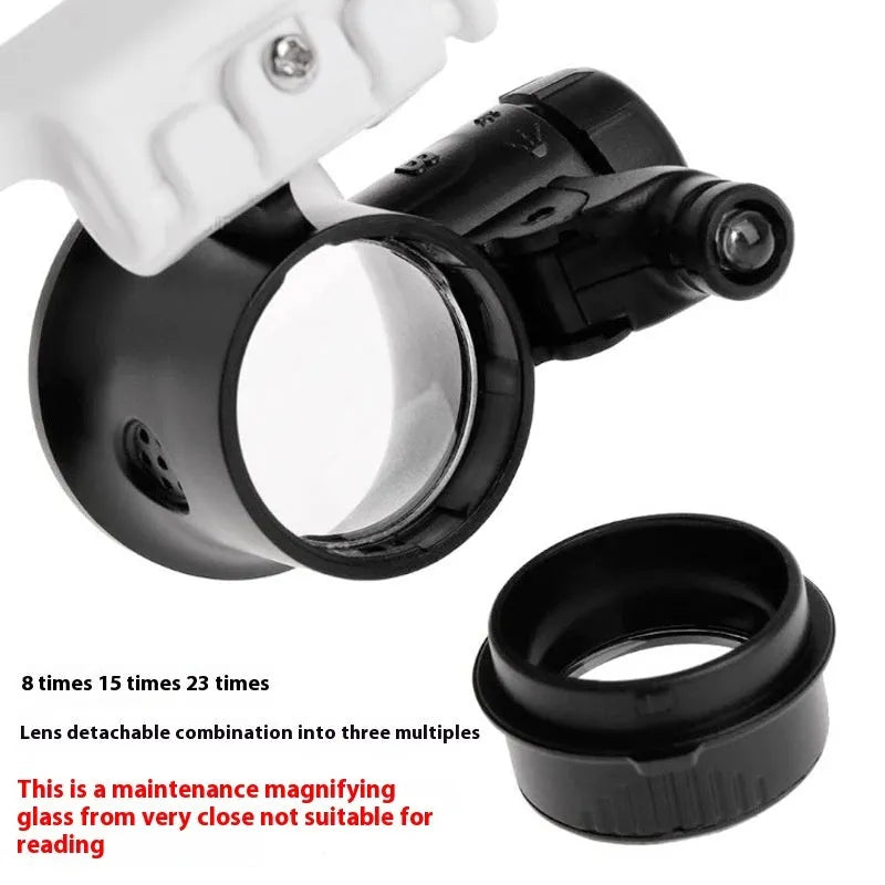 White head mounted magnifying glass with LED light, shown folded and unfolded for clock repair work.