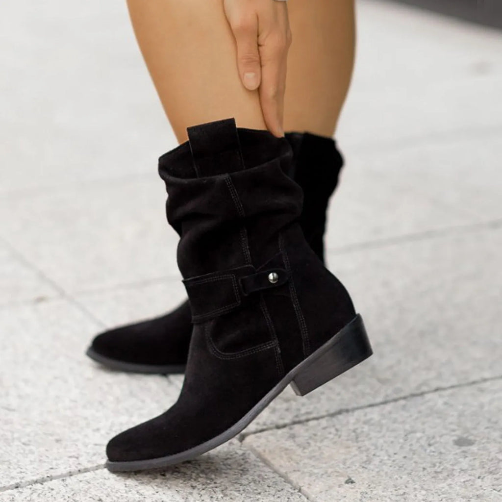 Women's pointed toe mid-calf suede western boots with side zipper and square heel in black