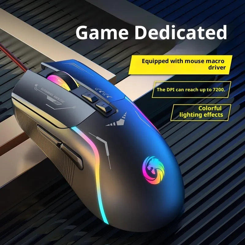 Gaming e-sports wired mouse with optical sensor, 1.5m cable, black colour, on desk next to notebook