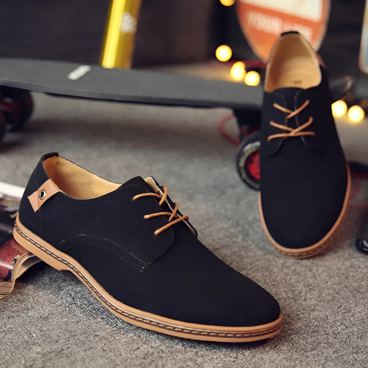 Men's casual suede-style shoes with matte upper, round toe, solid colour, sizes 38-48