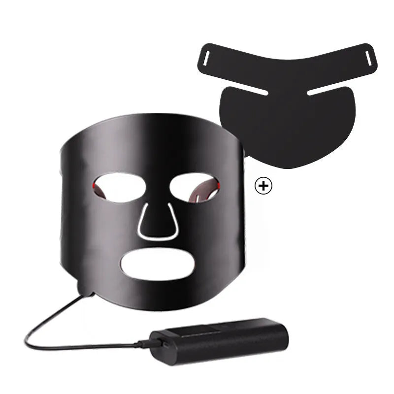 White and black LED phototherapy face mask with controller showing seven colour light modes for skin treatment