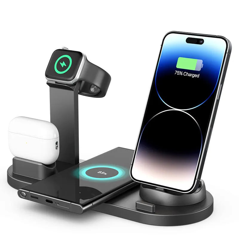 Universal wireless charging stand for mobile phone, smartwatch and headphones in black colour