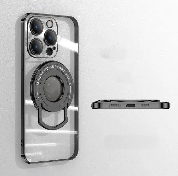 Transparent magnetic iPhone case with a silver pull-out bracket extended, showing dark purple iPhone inside.